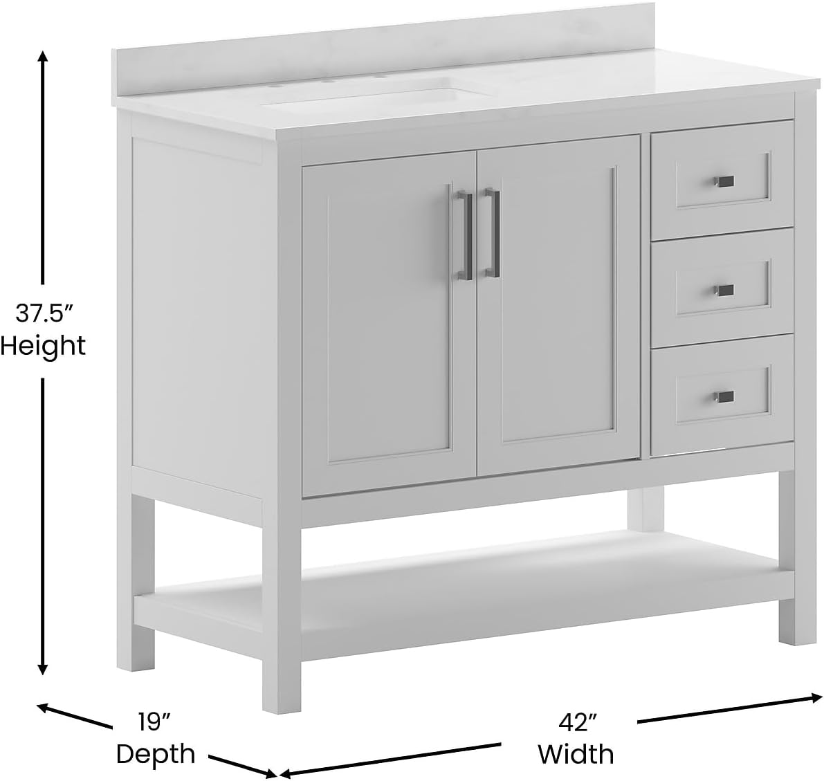 Flash Furniture Vega 42 Inch Bathroom Vanity with Sink, Storage Cabinet with Soft Close Doors, Open Shelf and 3 Drawers, Carrara Marble Finish Countertop, White/White
