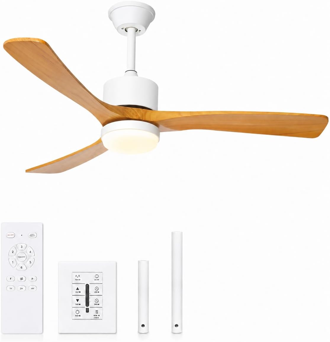 48-Inch Modern Ceiling Fan with LED Light, 6-Speed DC Motor, Remote & Wall Control, Reversible Blades Wood Quiet Ceiling Fans for Bedroom & Living Room