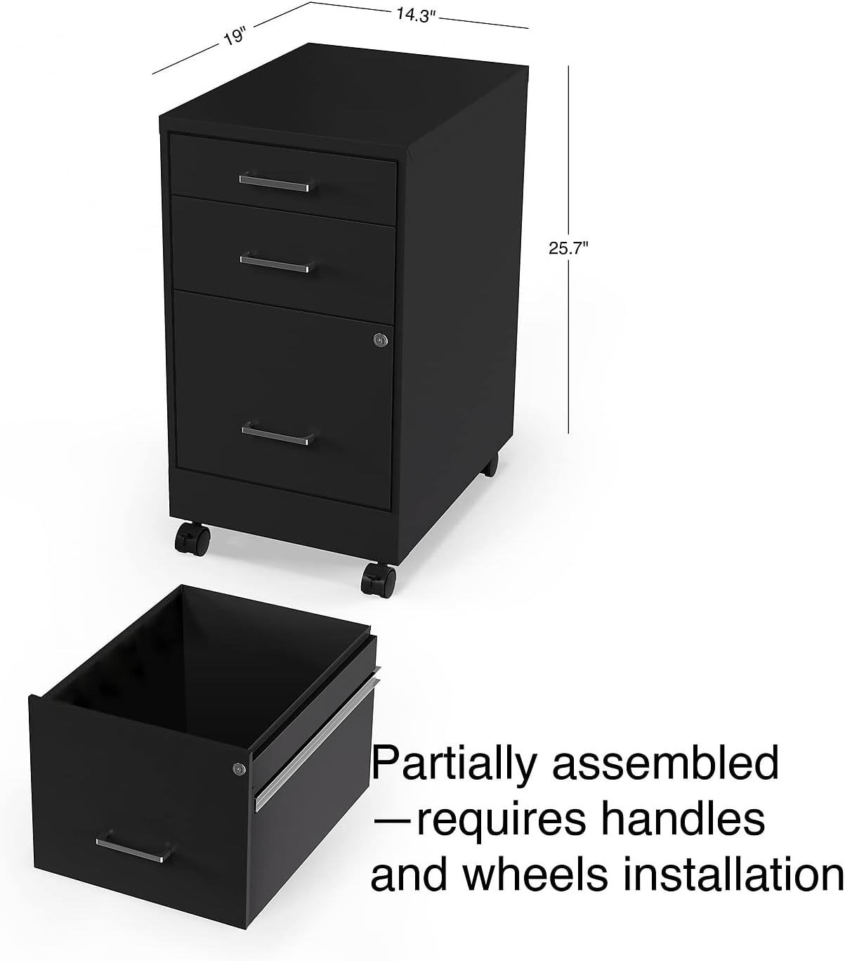 Staples 3-Drawer Vertical File Cabinet, Letter Size Documents, Lockable & Mobile, 19.9' D x 14.3' W x 25.7' H, Black