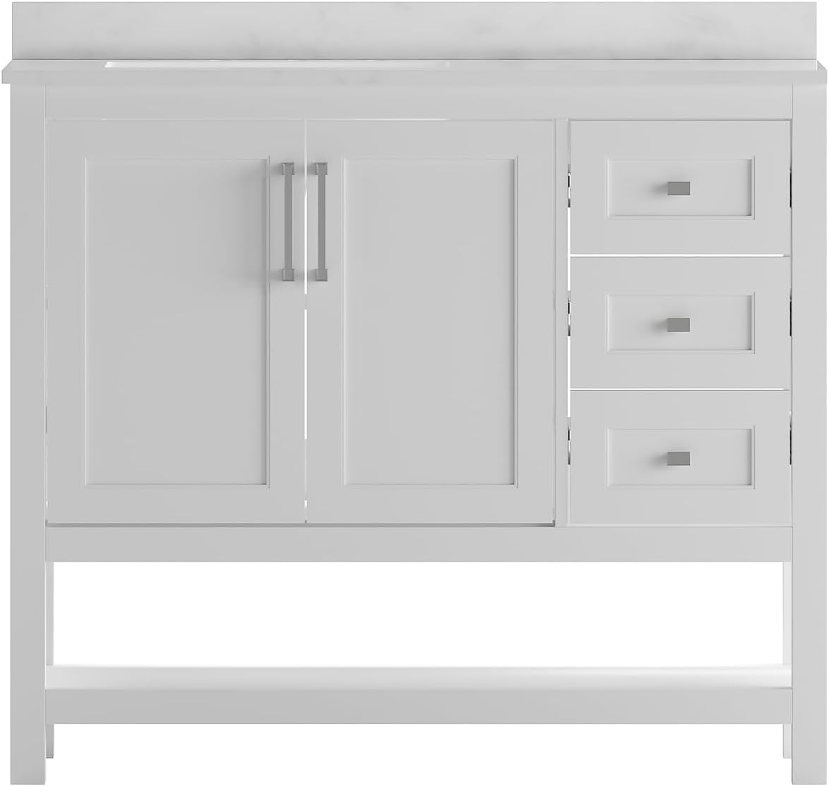 Flash Furniture Vega 42 Inch Bathroom Vanity with Sink, Storage Cabinet with Soft Close Doors, Open Shelf and 3 Drawers, Carrara Marble Finish Countertop, White/White