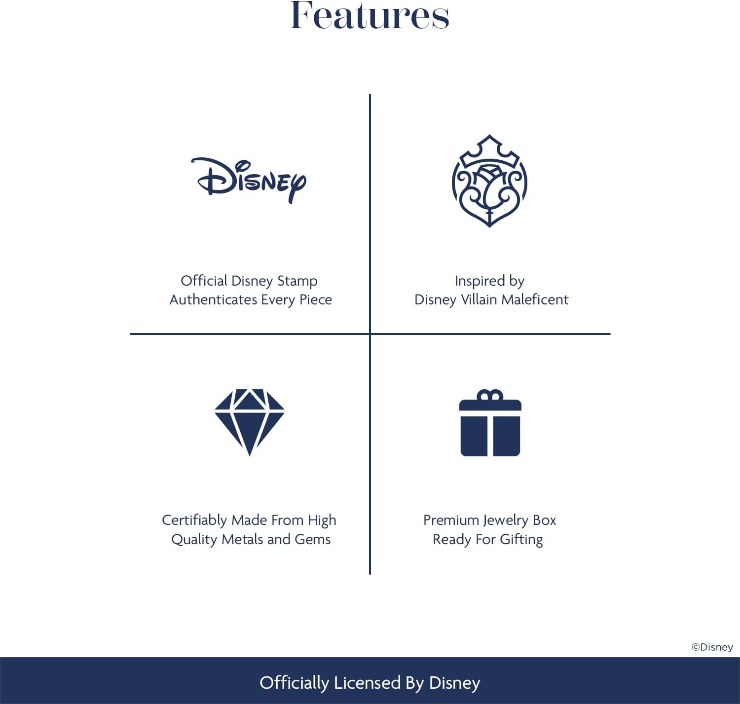 Jewelili Enchanted Disney Fine Jewelry Maleficent Rose Necklace for Women | Black Rhodium over Sterling Silver | 1/10 CTTW Treated Black Round Diamonds | Cable Chain | Gifts for Her