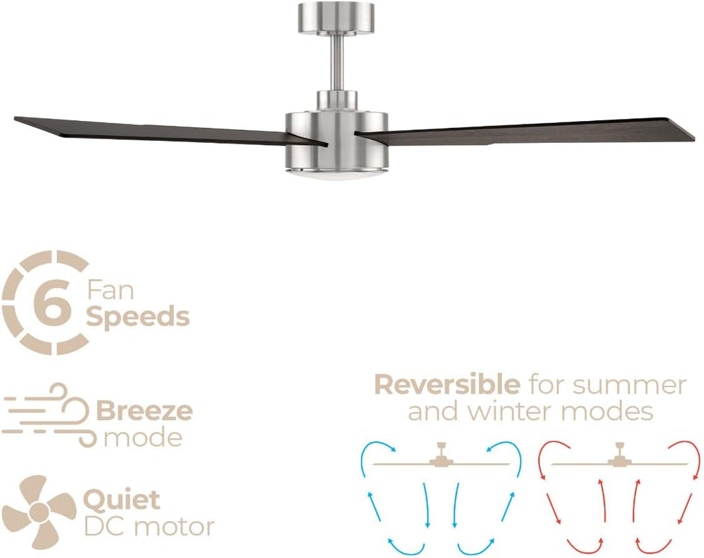 Santorini 4-Blade 52in Smart Indoor or Outdoor Ceiling Fan 2700K-6000K CCT Tunable Range LED Light Kit in Brushed Nickel with Reversible Black and Weathered Wood Blades Works With iOS or Android App
