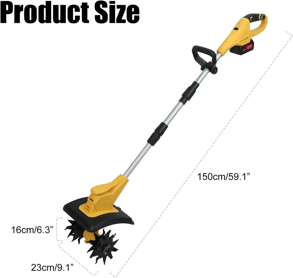 21V Cordless Tiller Cultivator, Battery Powered Electric Tiller with 9-Inch Tilling Width & 6.6-Inch Depth, 310RPM, 48 Steel Tines, 2x3000mAh Batteries, Max Power 500W (Yellow)