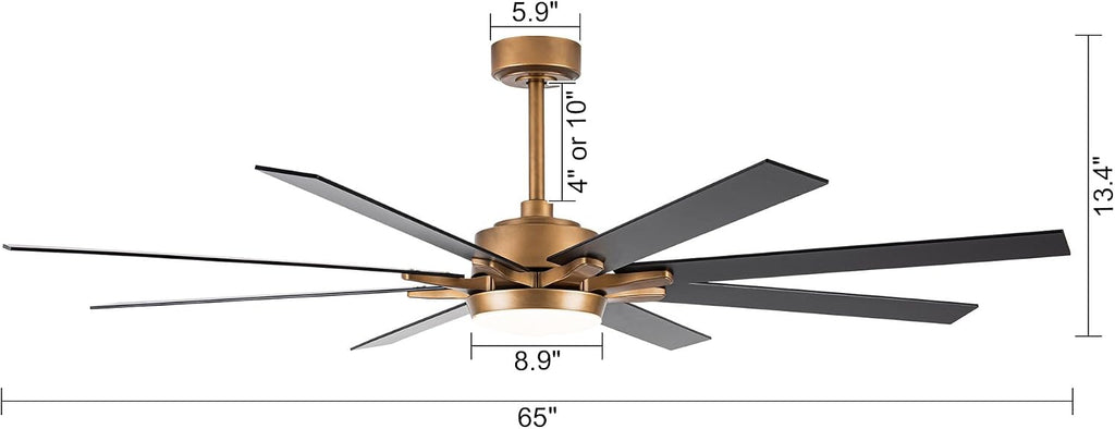 65'' Large Industrial Ceiling Fan with Light, Matte Black, 8-Blade DC Motor, 6-Speed Reversible Airflow, 24W Dimmable LED 3000K/4000K/5000K, Remote Control for Living Room Patio Garage