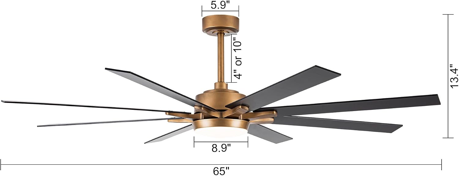 65'' Large Industrial Ceiling Fan with Light, Matte Black, 8-Blade DC Motor, 6-Speed Reversible Airflow, 24W Dimmable LED 3000K/4000K/5000K, Remote Control for Living Room Patio Garage