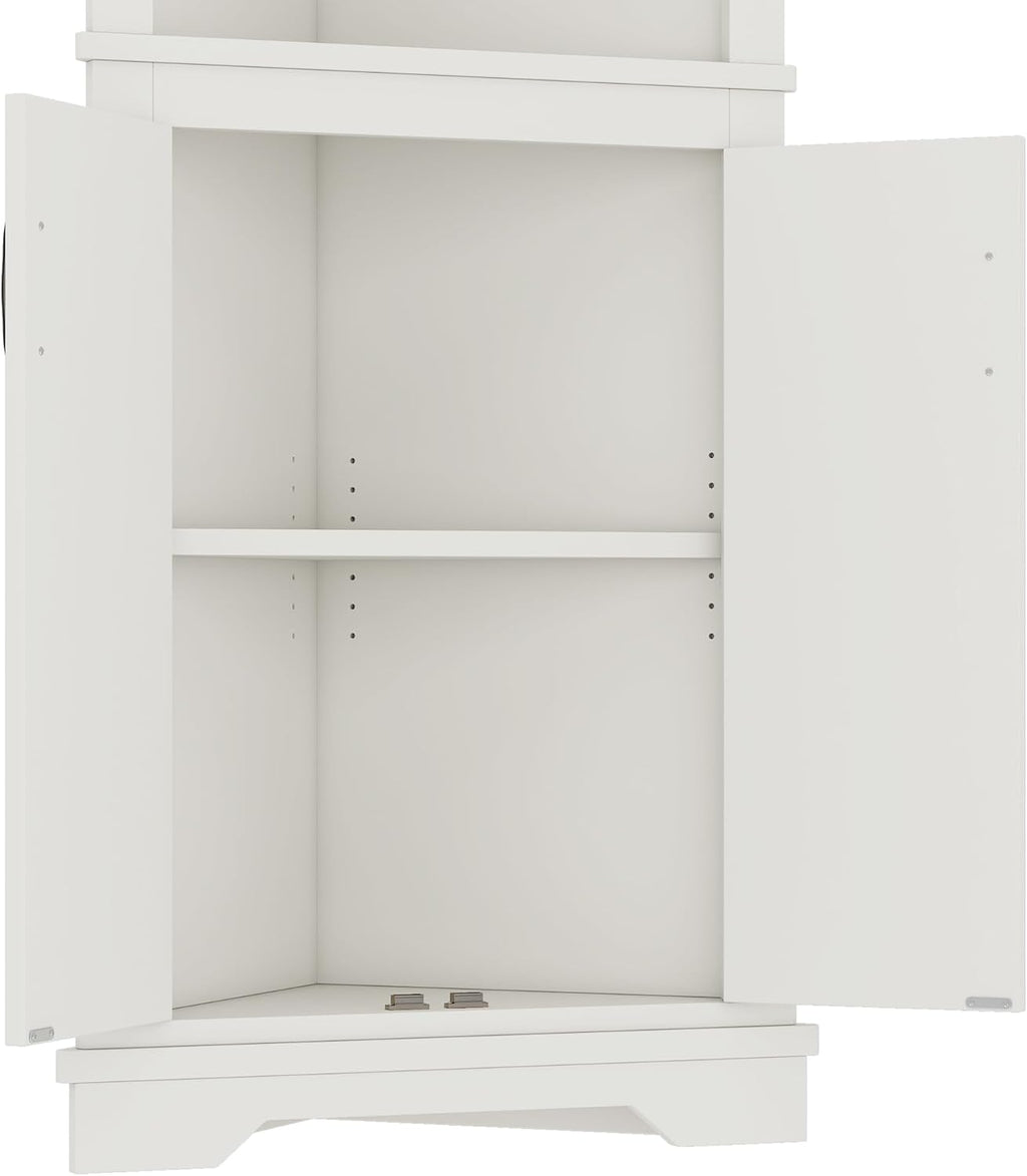 KEIKI 69' Tall Corner Cabinet, Farmhouse Corner Storage Cabinet with Doors & Shelves, Home Storage for Living Room, Bathroom, Dining Room or Kitchen, White