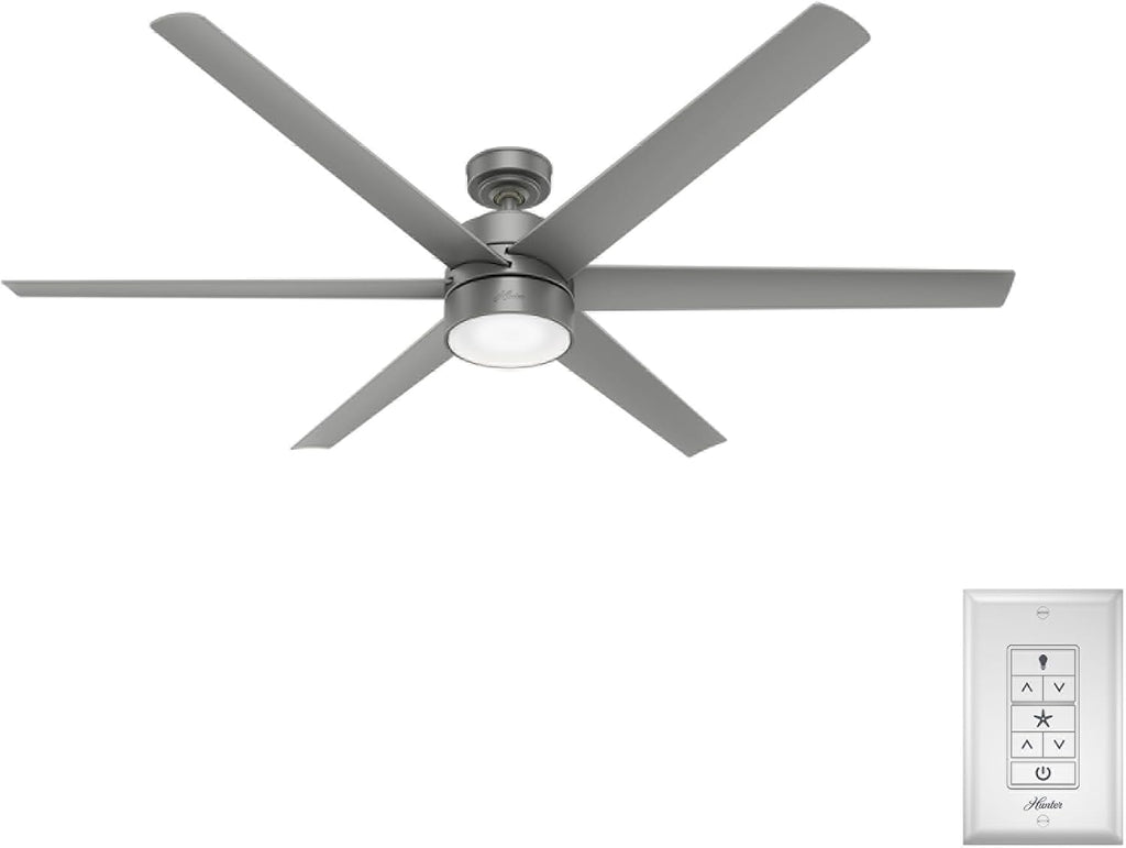 Hunter 72 inch Outdoor or Indoor Ceiling Fan with LED Light - Ceiling Fan with Wall Control, For Patio, Garage, or Porch, Quiet, Standard Mount, 6 Blades - Solaria 59629, Matte Silver