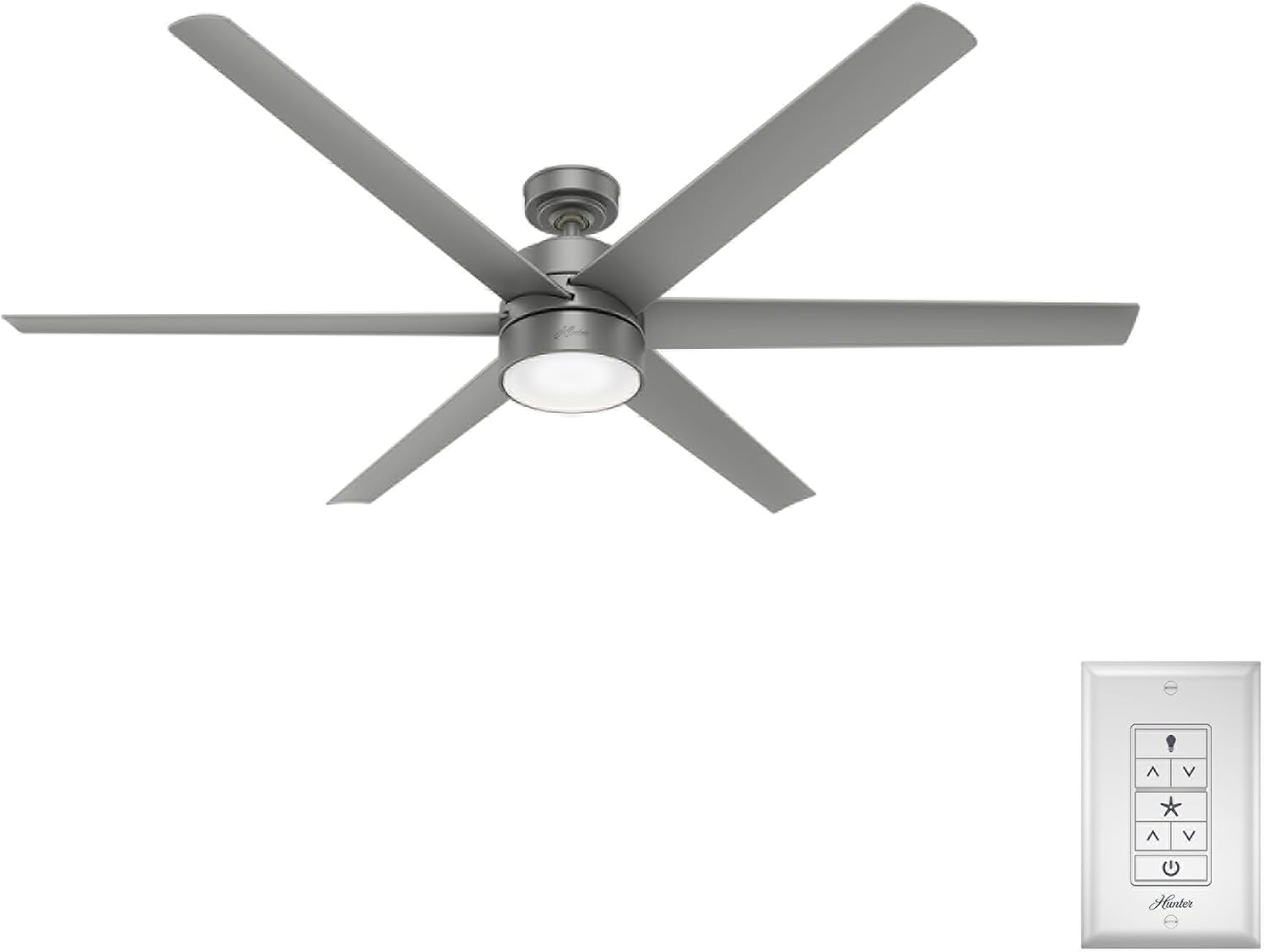 Hunter 72 inch Outdoor or Indoor Ceiling Fan with LED Light - Ceiling Fan with Wall Control, For Patio, Garage, or Porch, Quiet, Standard Mount, 6 Blades - Solaria 59629, Matte Silver