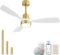 Sofucor 48 Inch Smart Ceiling Fan with Lights and Remote/APP Control, Compatible with Alexa/Google, 3 Blade White Glod Solid Wood Low Profile Ceiling Fan for Indoor Outdoor Bedroom Farmhouse Patio