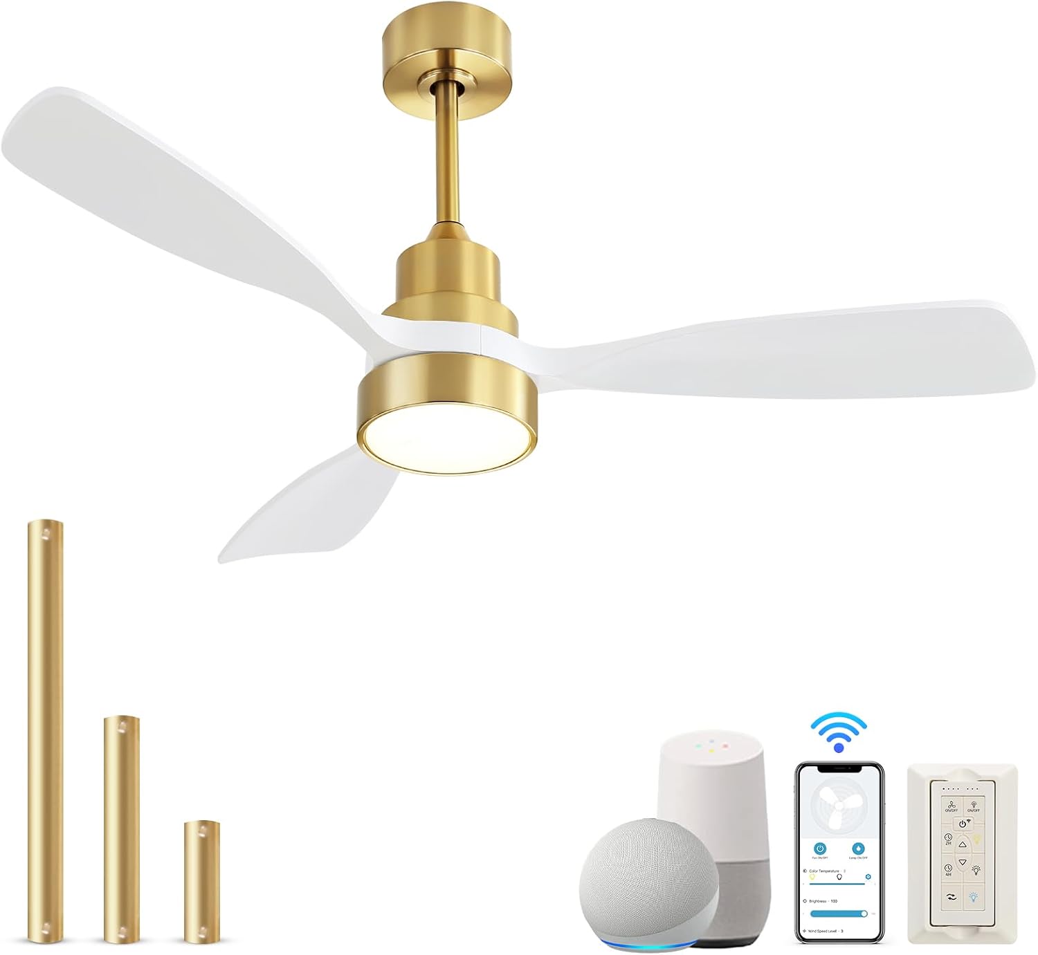 Sofucor 48 Inch Smart Ceiling Fan with Lights and Remote/APP Control, Compatible with Alexa/Google, 3 Blade White Glod Solid Wood Low Profile Ceiling Fan for Indoor Outdoor Bedroom Farmhouse Patio