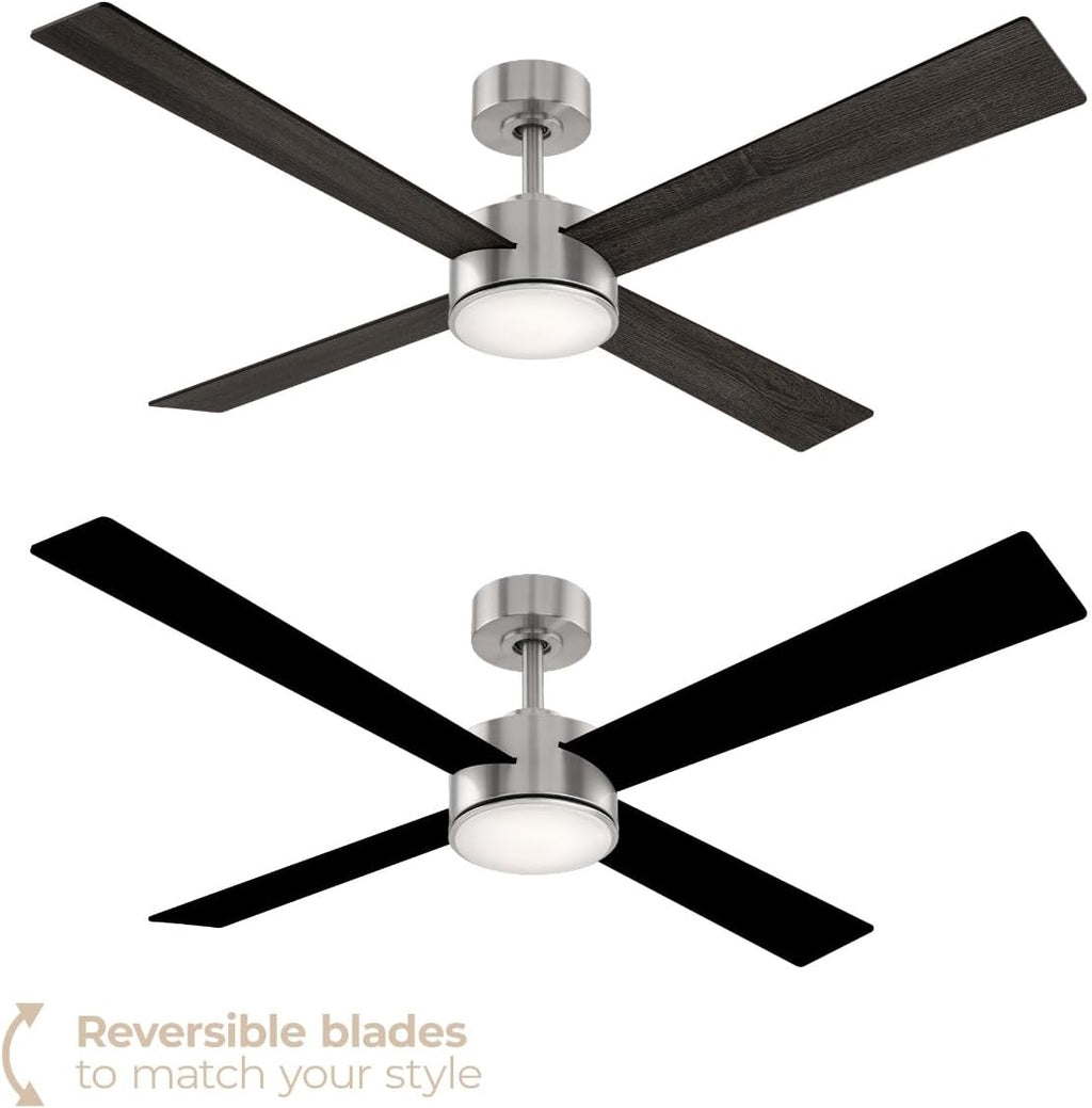 Santorini 4-Blade 52in Smart Indoor or Outdoor Ceiling Fan 2700K-6000K CCT Tunable Range LED Light Kit in Brushed Nickel with Reversible Black and Weathered Wood Blades Works With iOS or Android App