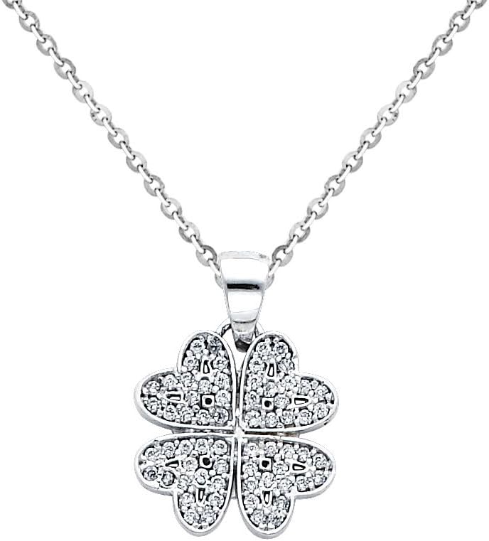 The World Jewelry Center 14k White Gold Four Hearts CZ Pendant with 1.2mm Cable Chain Necklace