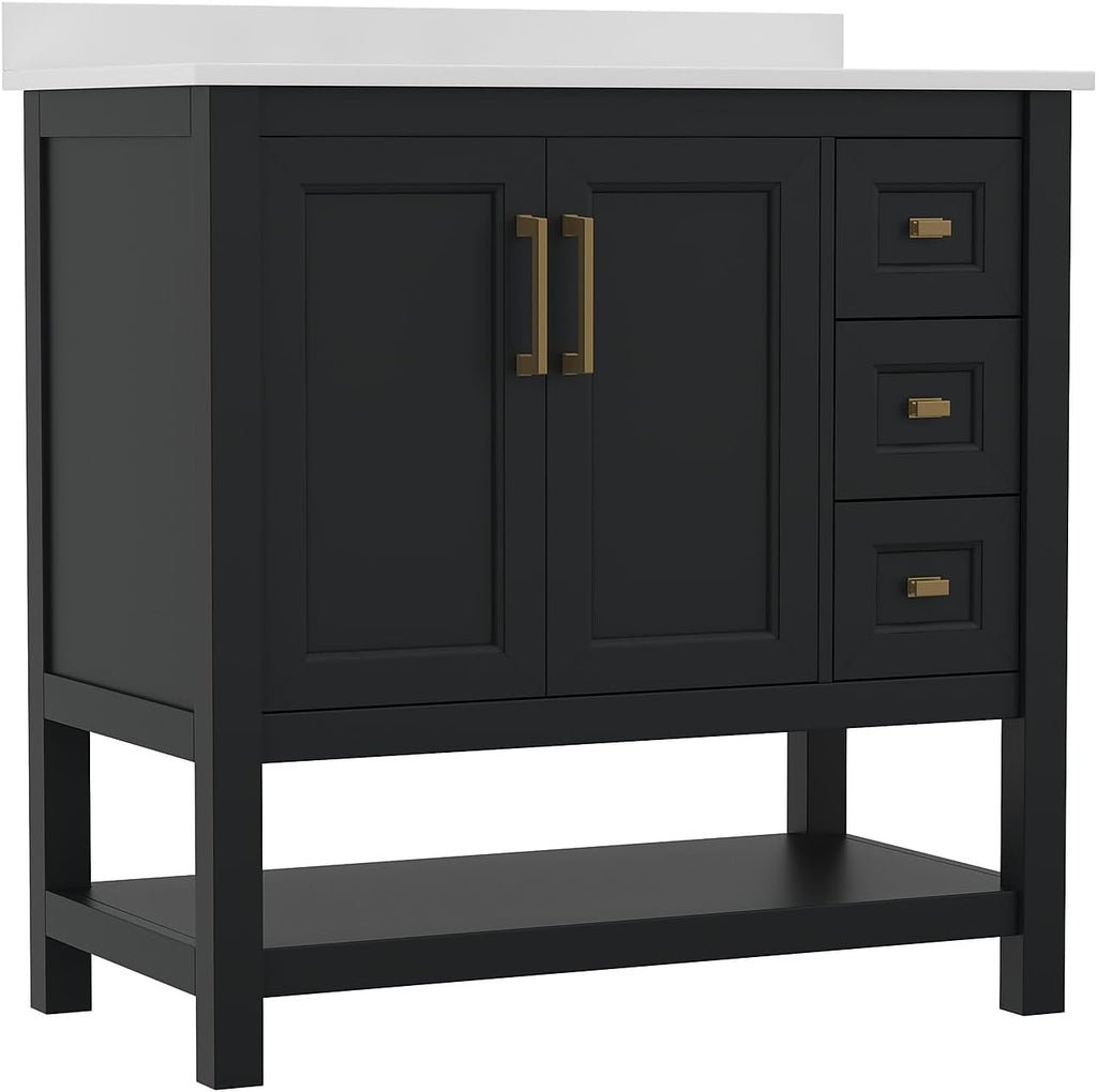 Flash Furniture Vega 36 Inch Bathroom Vanity with Sink, Storage Cabinet with Soft Close Doors, Open Shelf and 3 Drawers, Carrara Marble Finish Countertop, Black/Gold