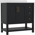 Flash Furniture Vega 36 Inch Bathroom Vanity with Sink, Storage Cabinet with Soft Close Doors, Open Shelf and 3 Drawers, Carrara Marble Finish Countertop, Black/Gold