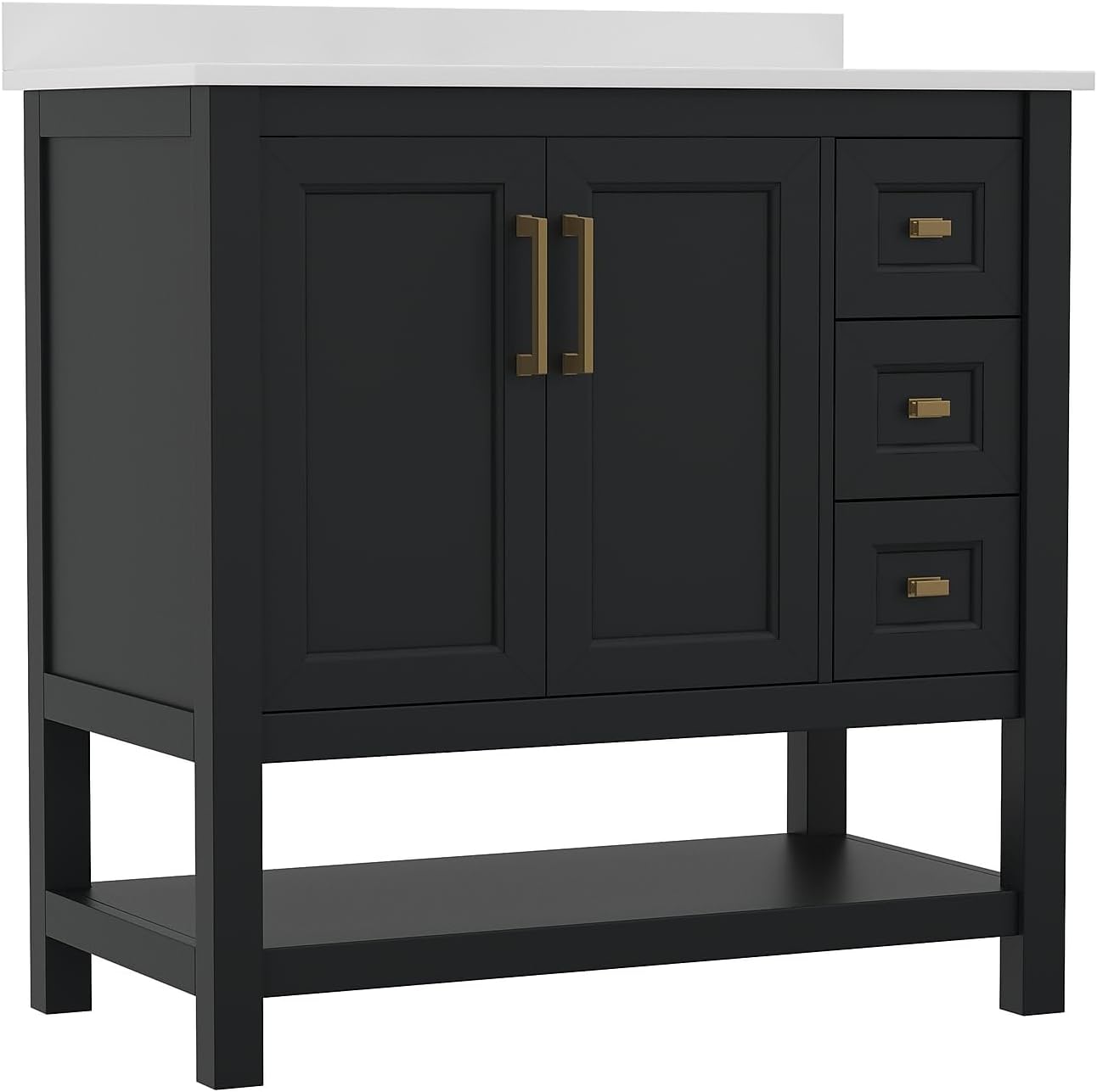 Flash Furniture Vega 36 Inch Bathroom Vanity with Sink, Storage Cabinet with Soft Close Doors, Open Shelf and 3 Drawers, Carrara Marble Finish Countertop, Black/Gold