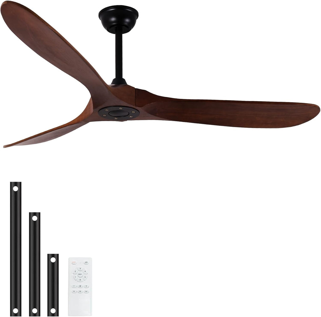 Outdoor Ceiling Fan No Light,Wood Propeller with Large Airflow,Quiet and Speed Memory,60 Inch Ceiling Fan without Light for Living Room,Garage,Porch. (Dark Walnut, 60 inch)