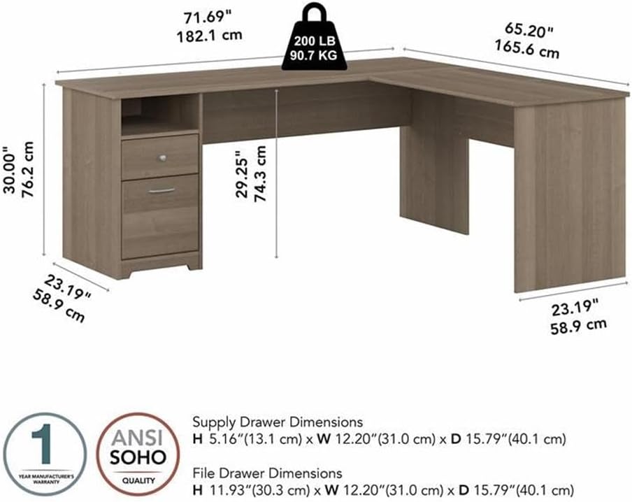 Bush Home L Shaped Desk with Drawers for Executive and Home Office | Cabot Collection Corner Table with Storage and Chrome Hardware | 72Wx23DX42W Return