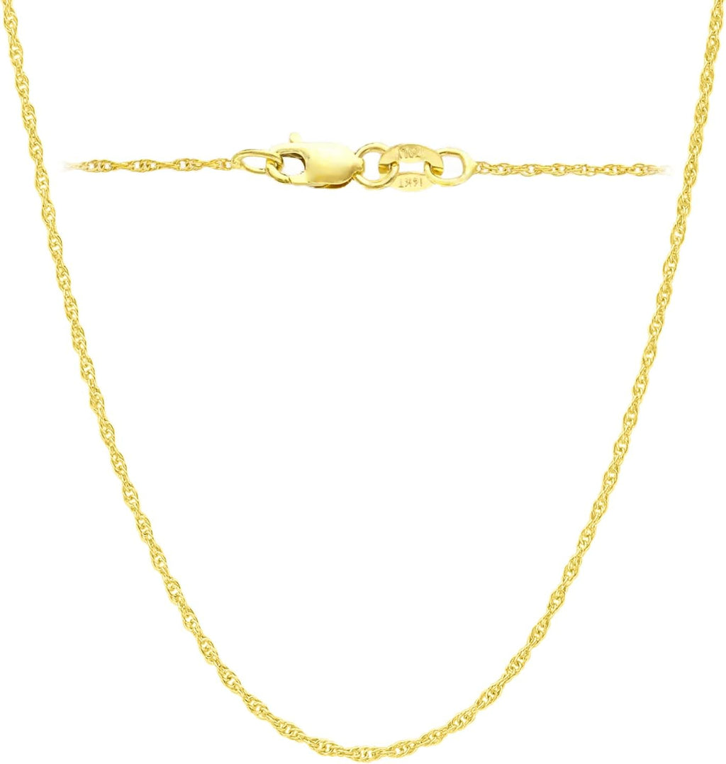 Italian Fashions 14K, 10K Yellow or White or Rose Solid Gold Italian Diamond Cut 0.8 mm-1.2 mm Rope and Mirror Cable Chain Necklace Thin & Strong gold chain Thin And Lightweight MADE IN ITALY