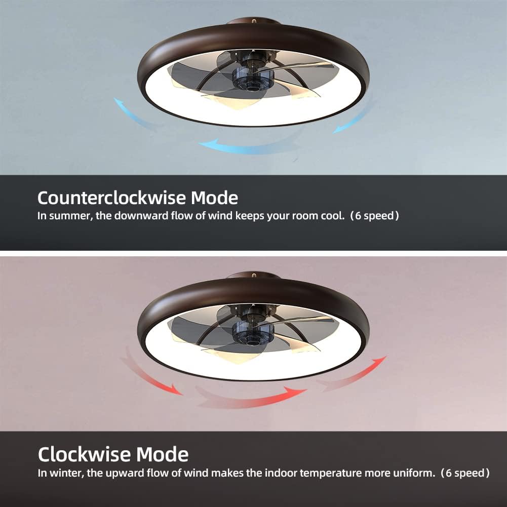 Ceiling Fan with Lights Dimmable LED Reversible Blades Timing with Remote Control, 5 Invisible Blades Semi Flush Mount Low Profile Fan (21.5in, Brown)