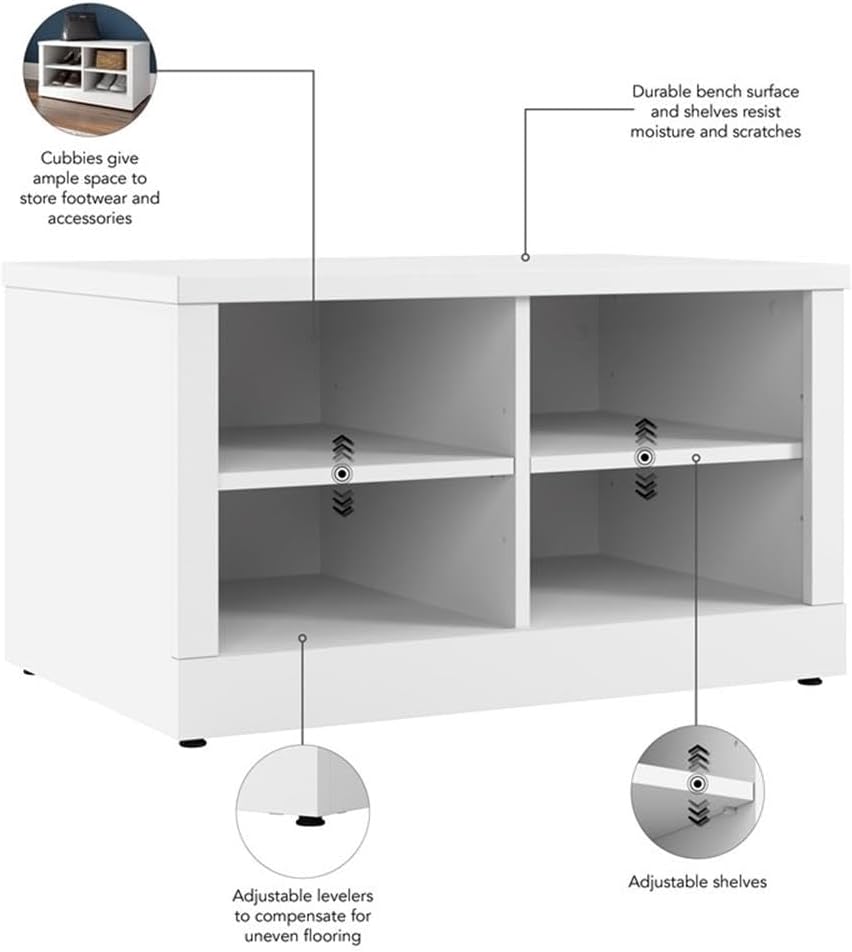 Bush Home Hampton Heights 30W Shoe Storage Bench in White, Narrow Footwear Organizer for Home Entryway, Mudroom, and Foyer