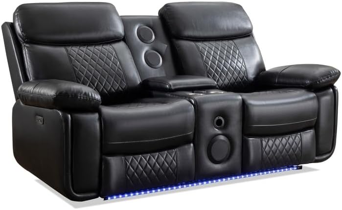KEIKI Power Reclining Sofa Set with 1 Oversized Technical Leather Loveseat Sofa, Electric Control 2 Seat Couch Set with Cup Holder, Storage Armrest for Living Room, Black