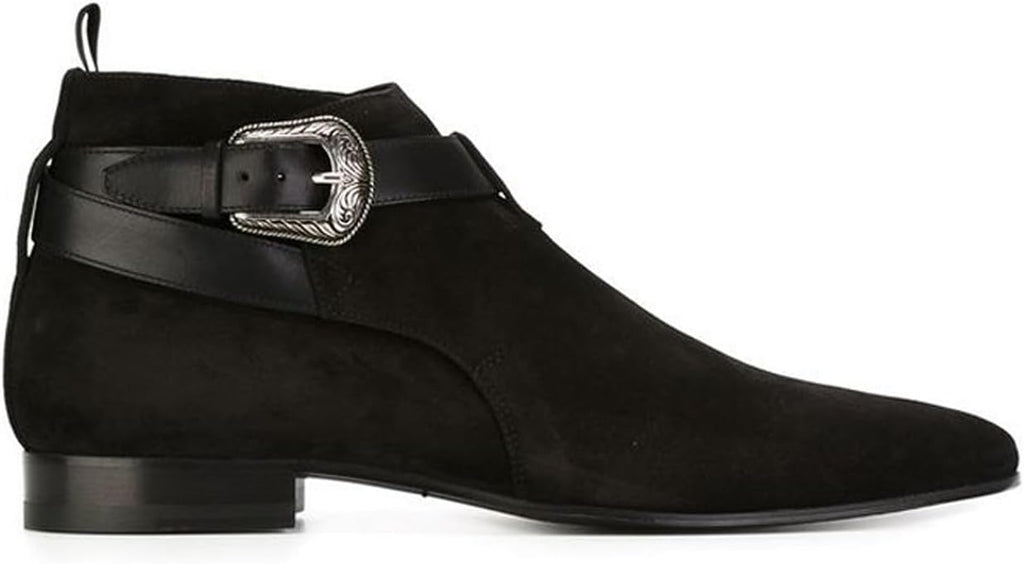 Santimon Men's Top-Grain Leather Buckle Ankle Chukka Boots – Western Jodhpur Suede Boots with Harness Strap, Pointed Toe Dress Boots for Casual, Rodeo, Parties & Everyday Wear