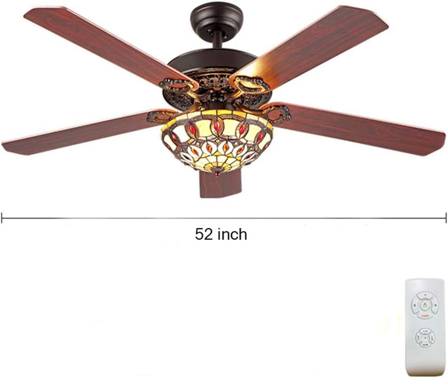 TFCFL 52' Ceiling Fan with Light, Tiffany Style Retro Stained Glass Chandelier Fan with Controller 4 Reversible Wood Blades 3-Speed (Black)