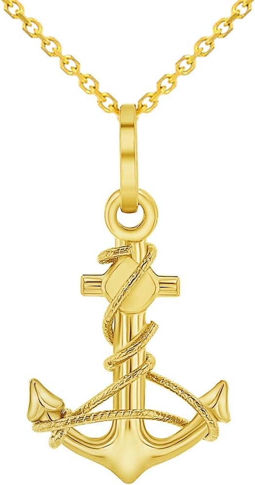 Solid 14K Yellow Gold Polished Navy Anchor with Rope Charm Pendant with Rolo Cable Chain Necklace