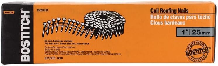 BOSTITCH CR2DGAL 1-Inch 15 Degree Smooth Shank Coil Roofing Nails (7,200 per Box)
