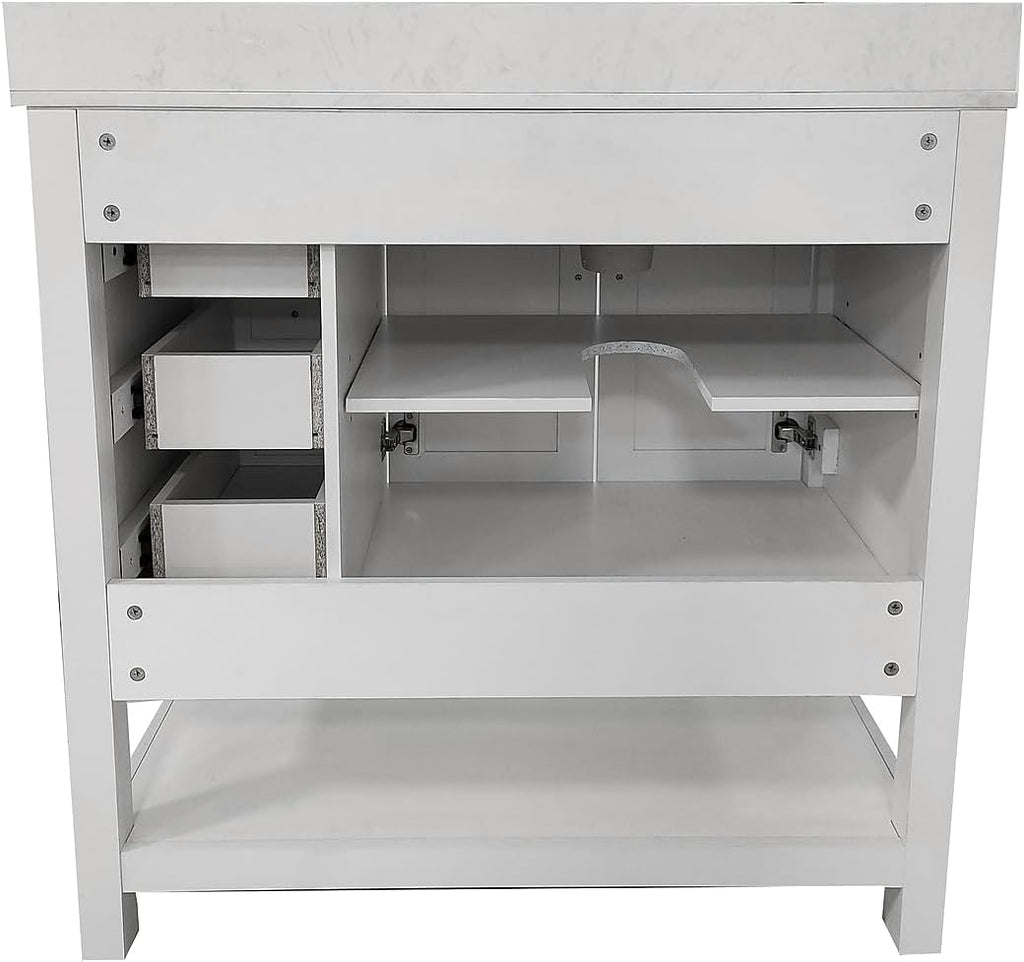 Flash Furniture Vega 36 Inch Bathroom Vanity with Sink, Storage Cabinet with Soft Close Doors, Open Shelf and 3 Drawers, Carrara Marble Finish Countertop, White/White