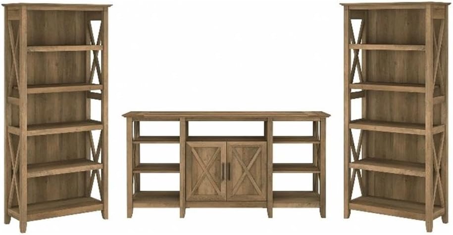 Bush Furniture Key West Tall TV Stand with Set of 2 Bookcases, Farmhouse Entertainment Center for 65 Inch Television, 17D x 60W x 66H, Reclaimed Pine