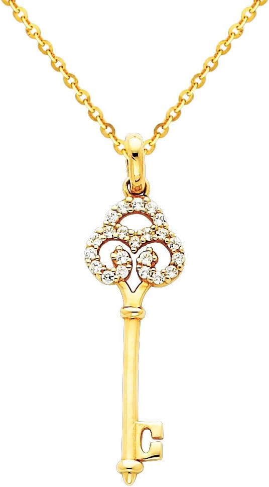 The World Jewelry Center 14k Yellow Gold Key CZ Pendant with 1.2mm Cable Chain Necklace