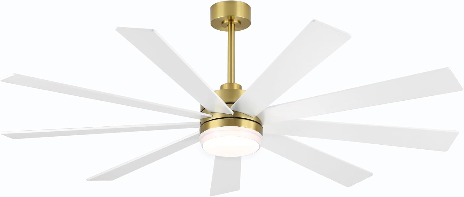 LEDLUX 64' Ceiling Fan with Light, 6-Speed Remote Control, Reversible DC Motor, Modern 9 Blades with 4.5'/12' Downrods for Home or Commercial White/Gold