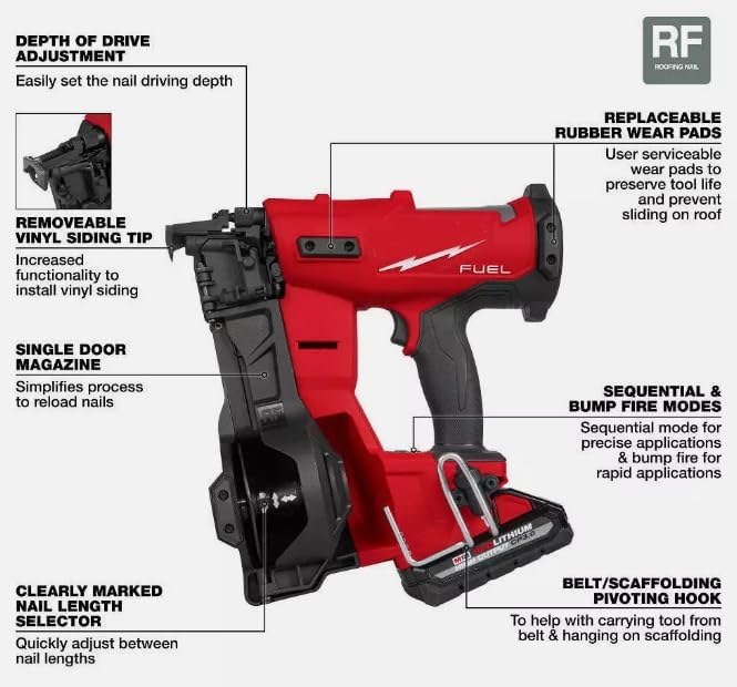 Fit For Milwaukee 2909-21 M18 FUEL 18V Cordless Li-Ion Coil Roofing Nailer Kit,Nailers & Staplers