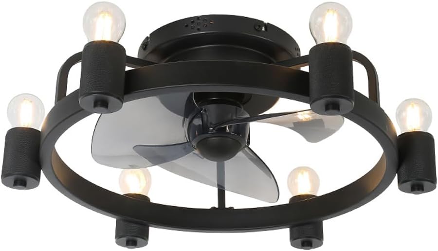 Black Ceiling Fan Light Retro Industrial Style Ceiling Fan Lights with Fan Low Noise 6 Lights Lighting for Restaurant Living Room Bedroom Study