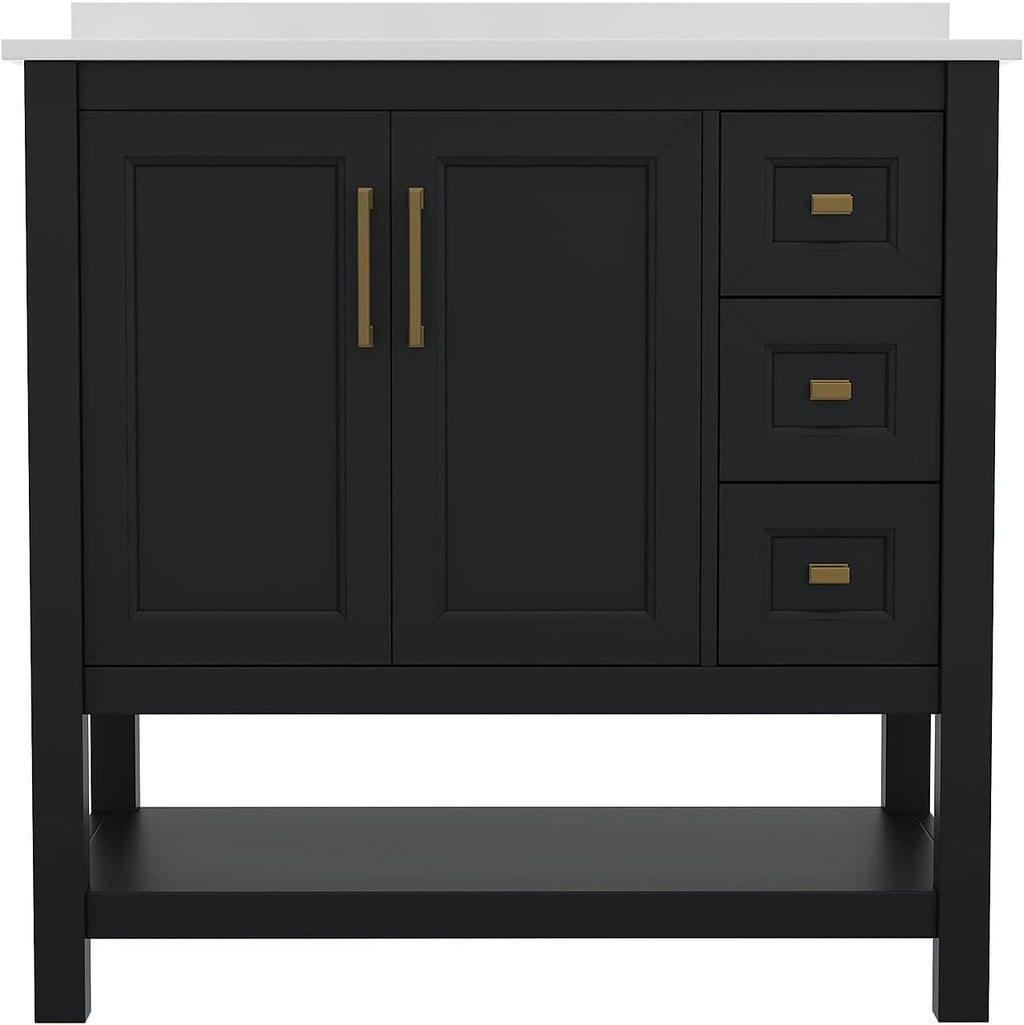 Flash Furniture Vega 36 Inch Bathroom Vanity with Sink, Storage Cabinet with Soft Close Doors, Open Shelf and 3 Drawers, Carrara Marble Finish Countertop, Black/Gold
