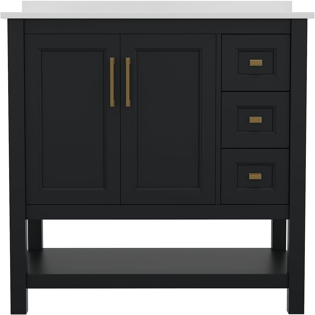 Flash Furniture Vega 36 Inch Bathroom Vanity with Sink, Storage Cabinet with Soft Close Doors, Open Shelf and 3 Drawers, Carrara Marble Finish Countertop, Black/Gold