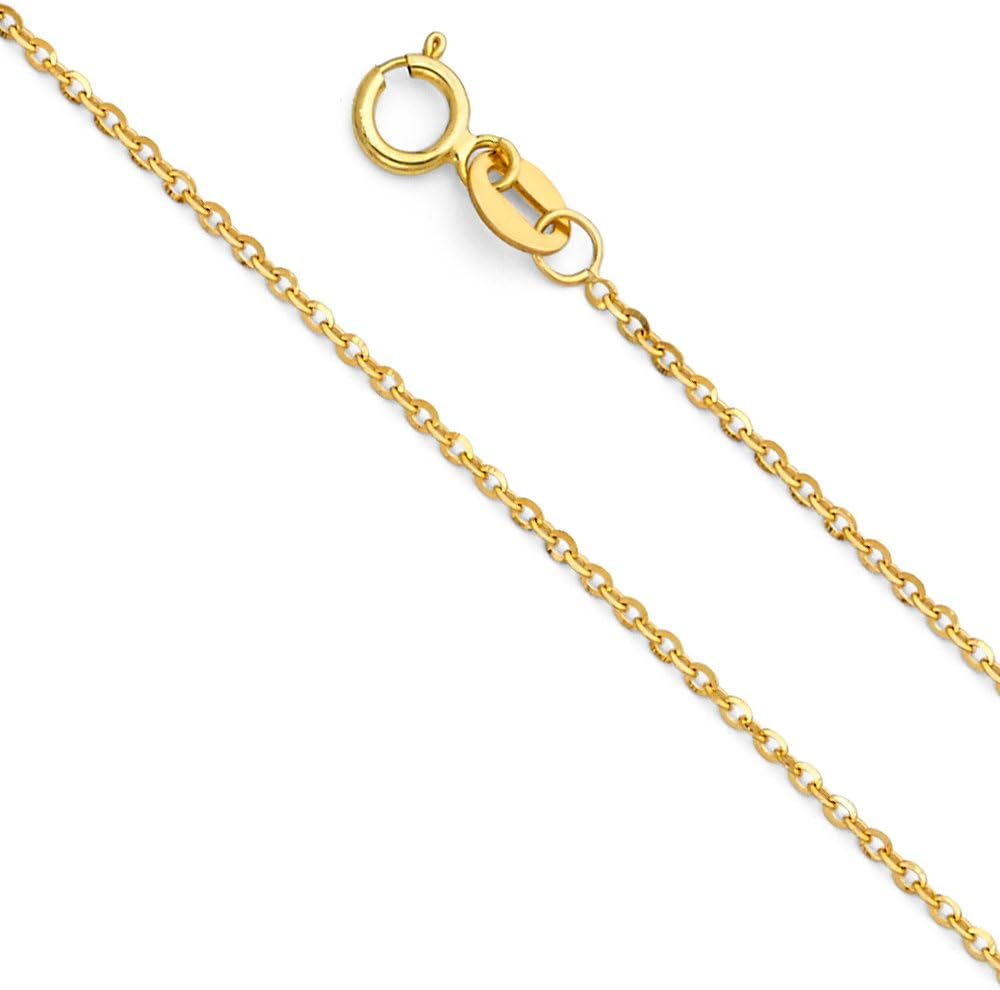 14k REAL Yellow/White Gold Solid 1.5mm, 1.2mm Side Diamond Cut Rolo Cable Chain Necklace with Lobster Claw Clasp