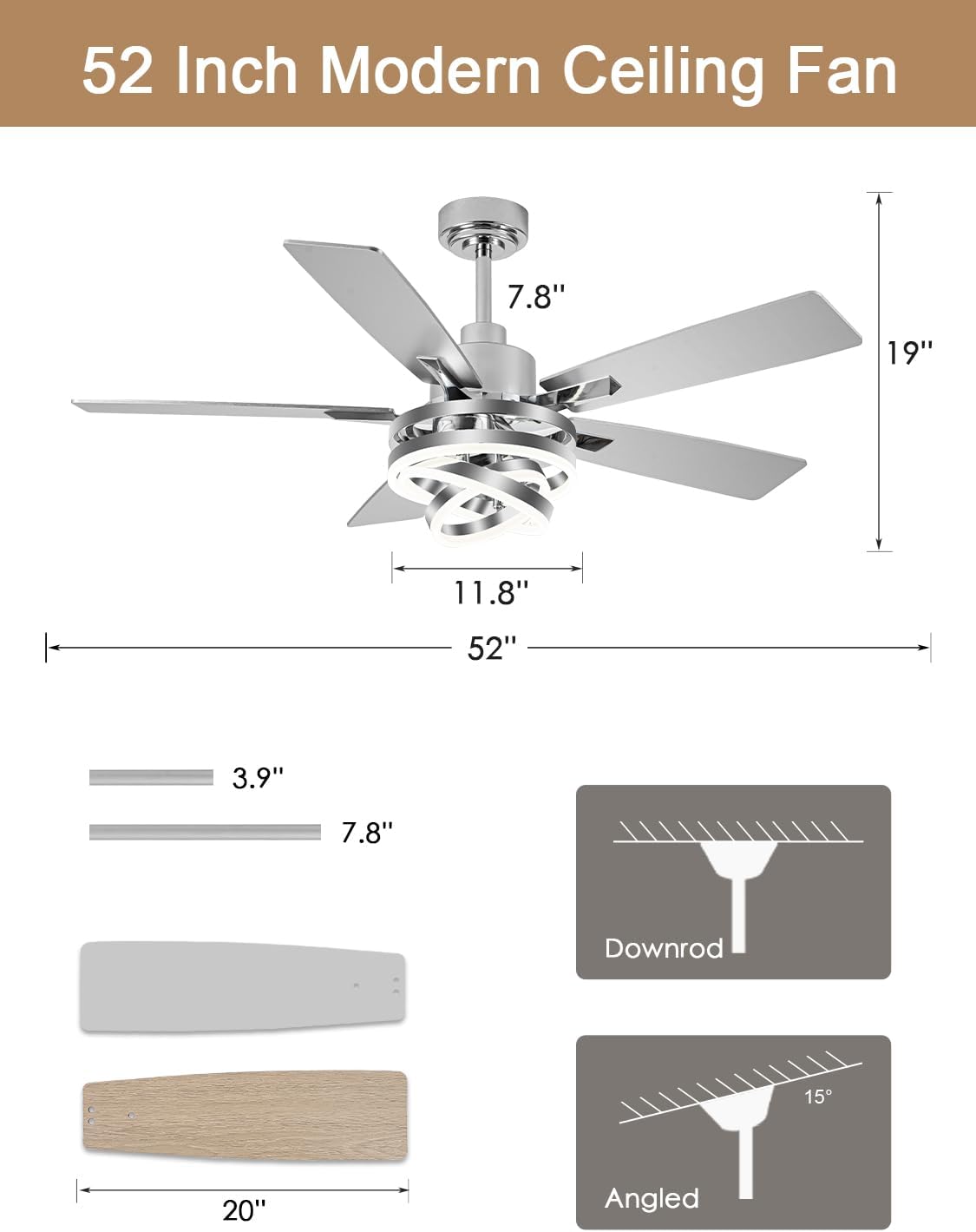 52 Inch Fandelier Ceiling Fan with Lights and Remote Modern Ceiling Fans Silver Chandelier LED Light Quiet Reversible DC Motor Dimmable 3CCT 6 Wind Speeds for Indoor Outdoor Living Room