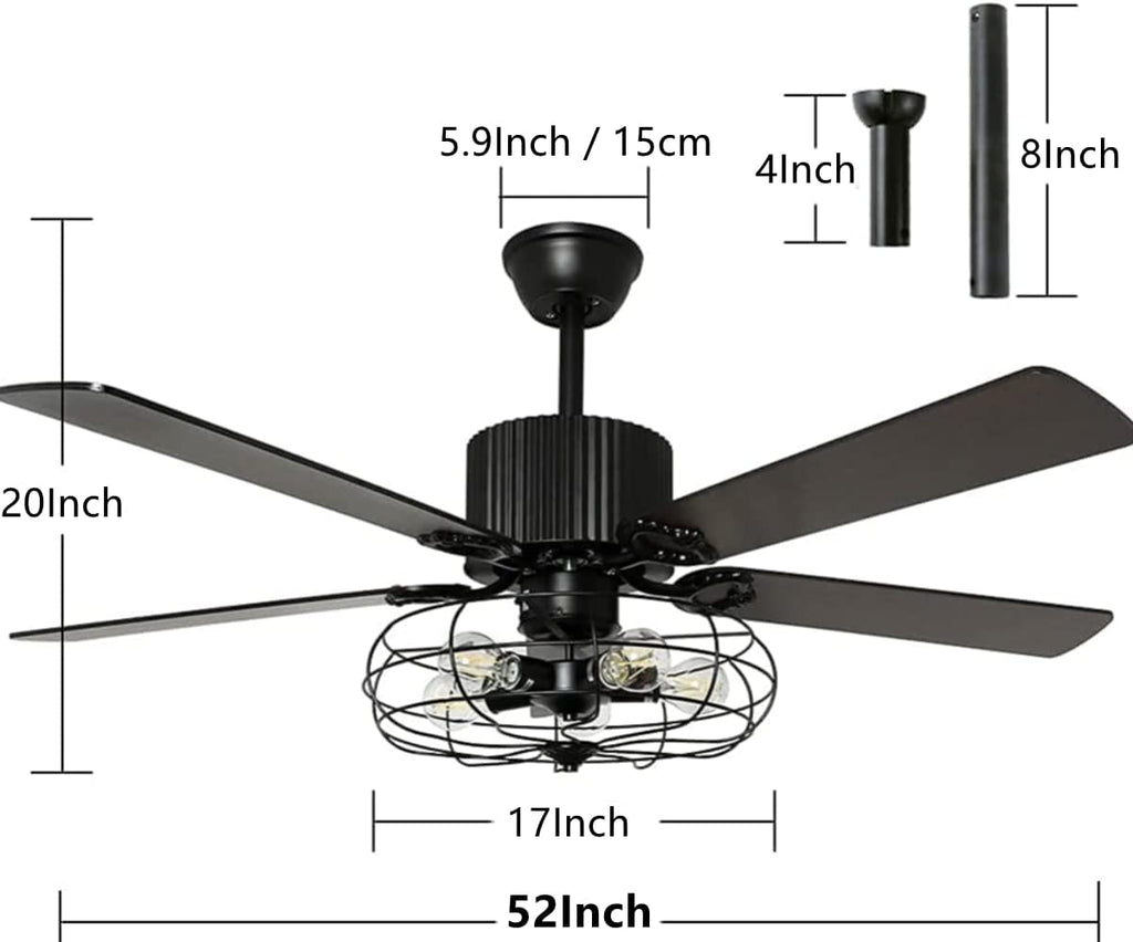 52Inch Industrial Ceiling Fan with Light, Vintage Metal Cage Ceiling Fans Reversible Retro 5 Wood Blades Remote 3 Speeds Timer Light Fixture for Living Room Farmhouse Dining Room Kitchen