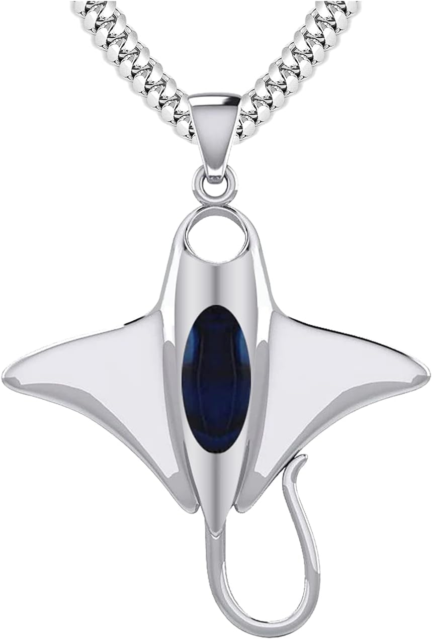 US Jewels Men's 925 Sterling Silver 30.5mm 3D Manta or Sting Ray Aquatic Pendant Necklace, 18in to 24in