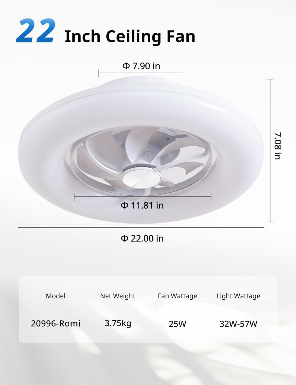 Orison 22' 360° Oscillating Ceiling Fan with Light, Rotating Low Profile Flush Mount Ceiling Fan, Smart RGB Ceiling Fans, Alexa&Google Compatible, Dimmable LED, APP/Remote, Modern for Bedroom, White