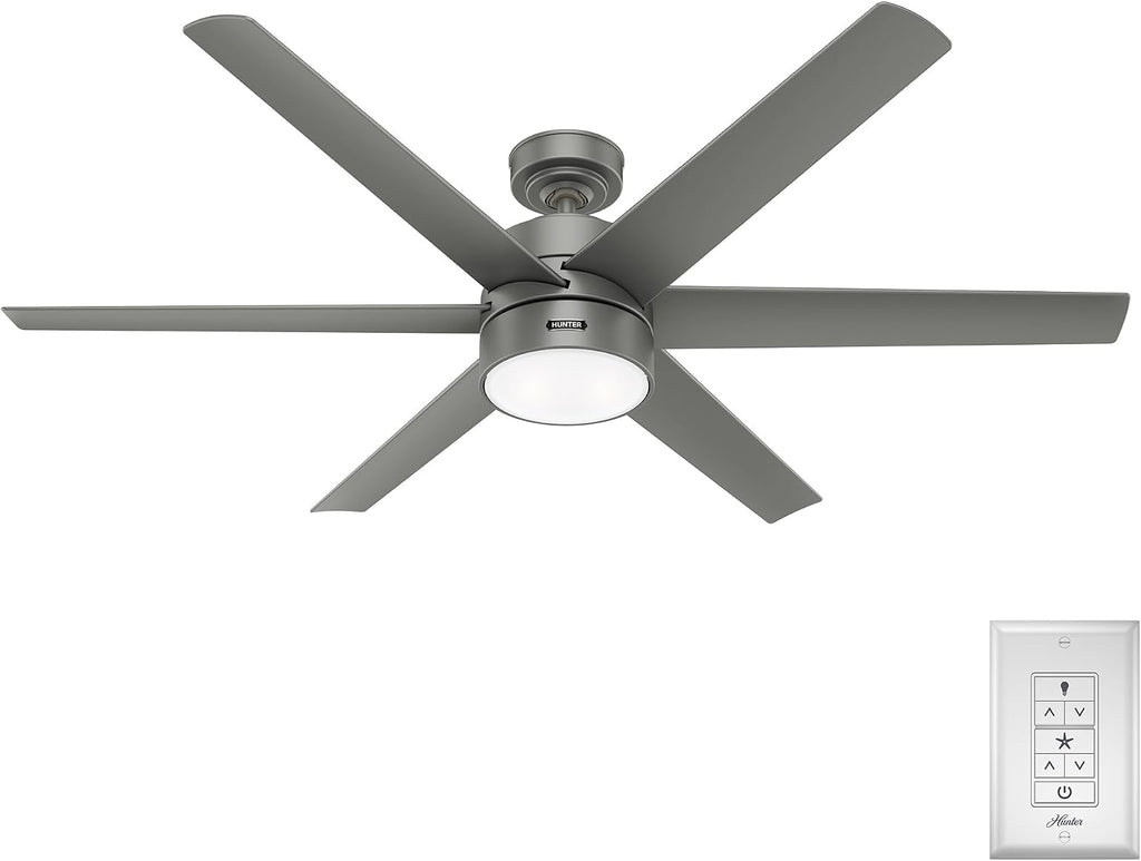 Hunter 60 inch Outdoor or Indoor Ceiling Fan with LED Light - Ceiling Fan with Wall Control, For Patio, Garage, or Porch, Quiet, Standard Mount, 6 Blades - Solaria 59625, Matte Silver