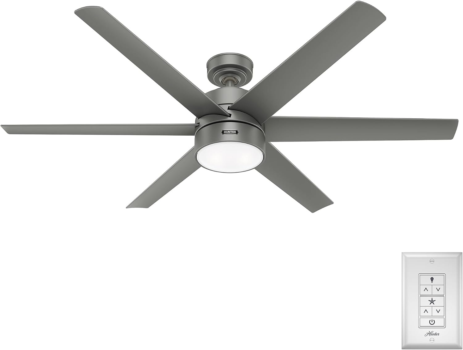 Hunter 60 inch Outdoor or Indoor Ceiling Fan with LED Light - Ceiling Fan with Wall Control, For Patio, Garage, or Porch, Quiet, Standard Mount, 6 Blades - Solaria 59625, Matte Silver