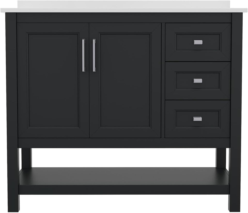 Flash Furniture Vega 42 Inch Bathroom Vanity with Sink, Storage Cabinet with Soft Close Doors, Open Shelf and 3 Drawers, Carrara Marble Finish Countertop, Black
