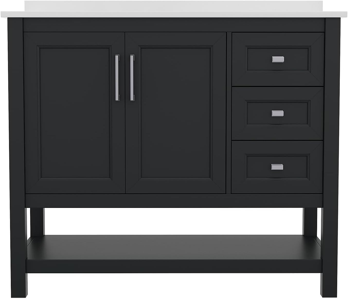 Flash Furniture Vega 42 Inch Bathroom Vanity with Sink, Storage Cabinet with Soft Close Doors, Open Shelf and 3 Drawers, Carrara Marble Finish Countertop, Black