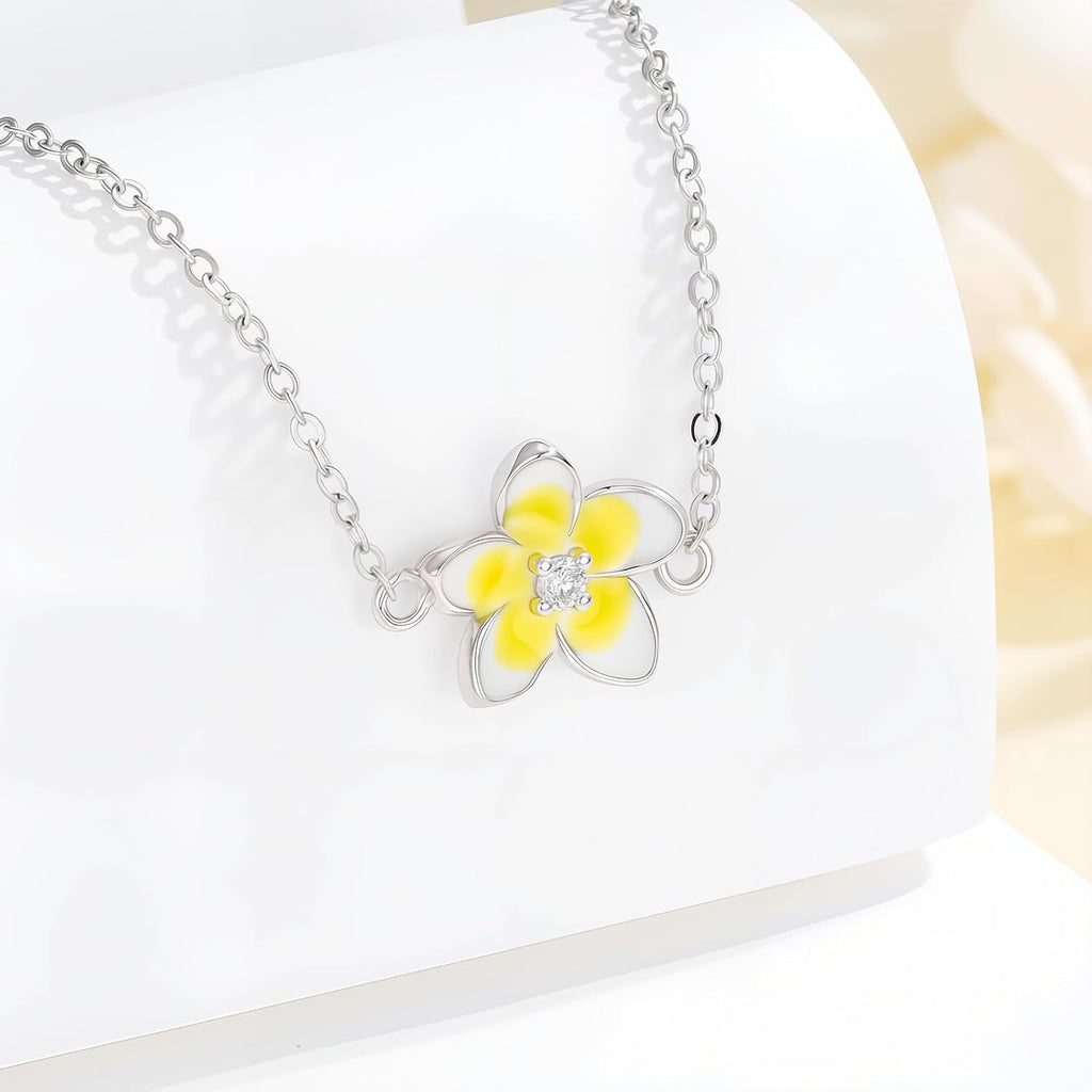 Diamond Plumeria Necklace for Women 925 Sterling Silver 1.2mm Cable Chain and Pendant with Lab Grown Diamond Plumeria Jewelry Gifts