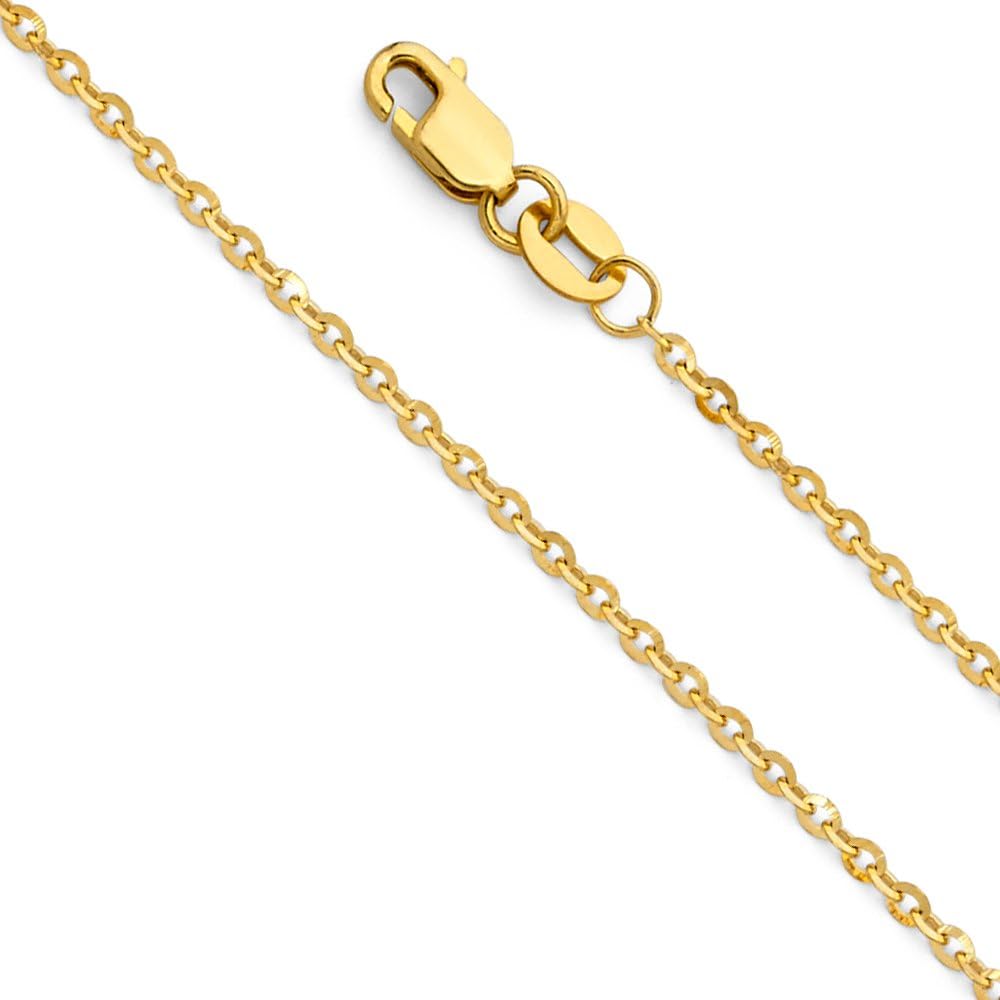 14k REAL Yellow/White Gold Solid 1.5mm, 1.2mm Side Diamond Cut Rolo Cable Chain Necklace with Lobster Claw Clasp