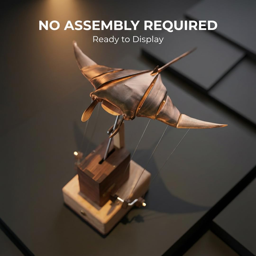Handcrafted Wooden Kinetic Manta Ray Sculpture - Fluid Motion Automata Desk Decor, Solid Walnut Wood Office Accessory, Unique Relaxation Gift for Men Dad Husband, No Assembly Required
