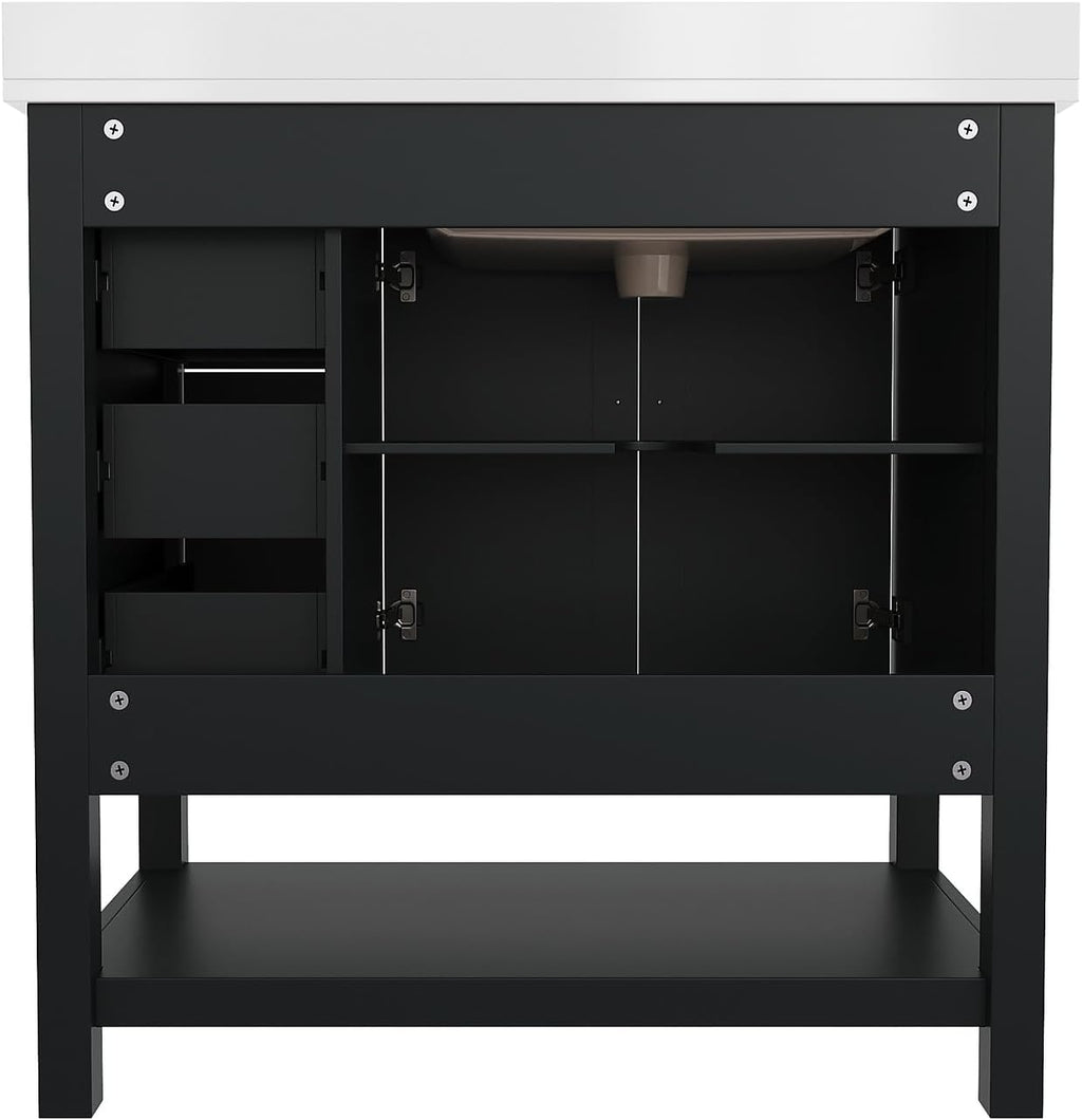 Flash Furniture Vega 36 Inch Bathroom Vanity with Sink, Storage Cabinet with Soft Close Doors, Open Shelf and 3 Drawers, Carrara Marble Finish Countertop, Black/Gold